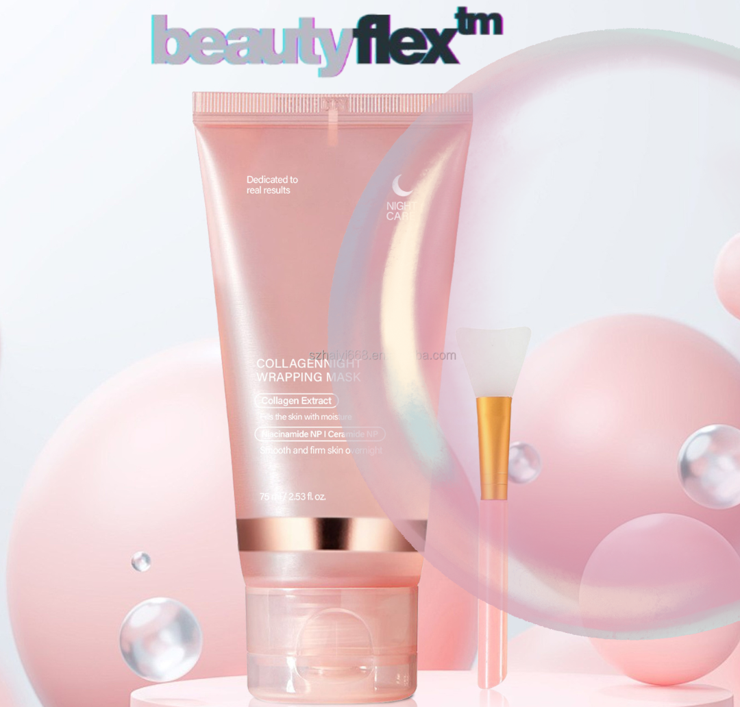 Collagen night wrapping face mask tube with applicator on soft pastel background for dewy skin.