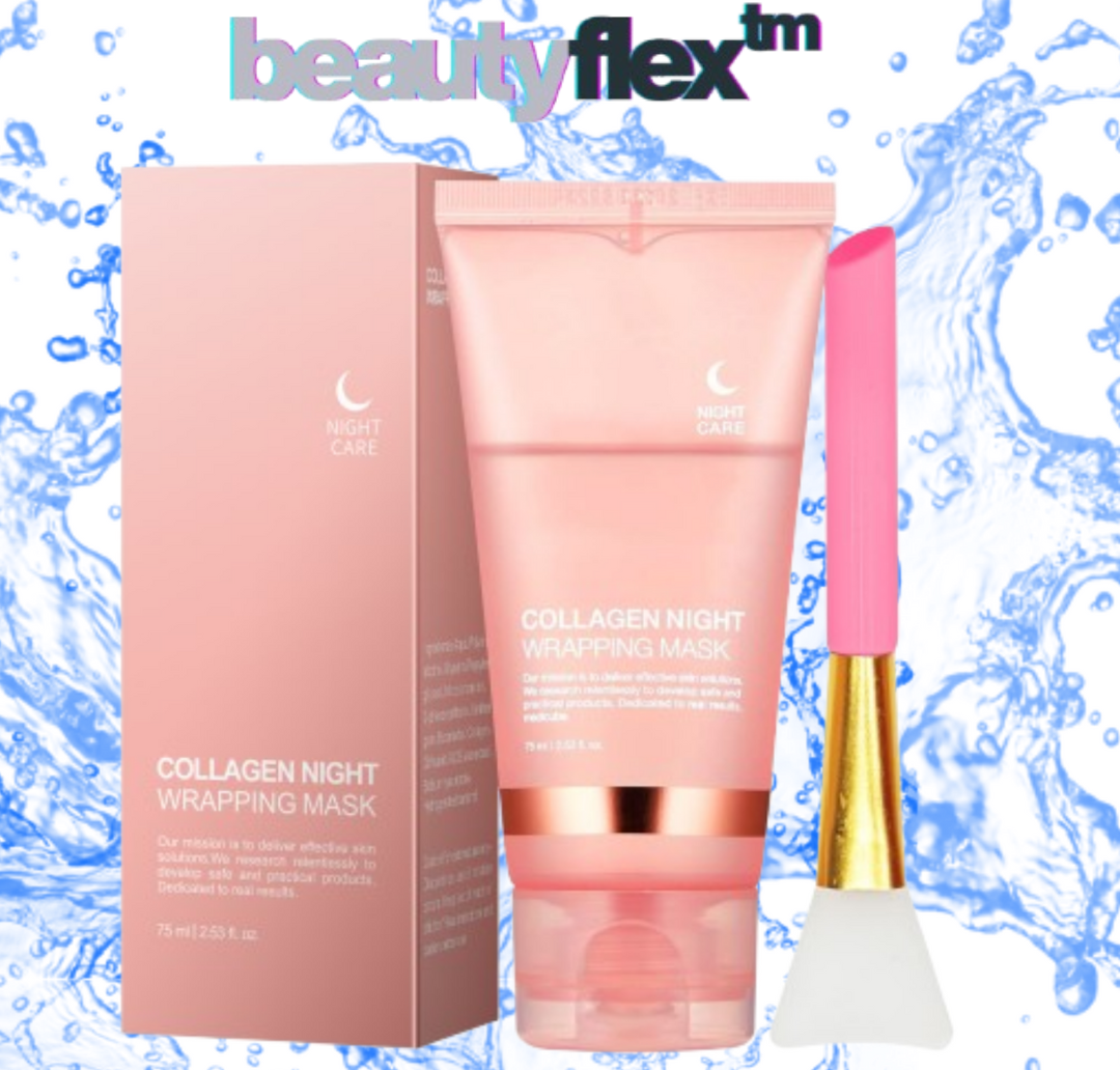 Collagen night wrapping face mask with packaging and applicator, promoting glowing, hydrating skin overnight.