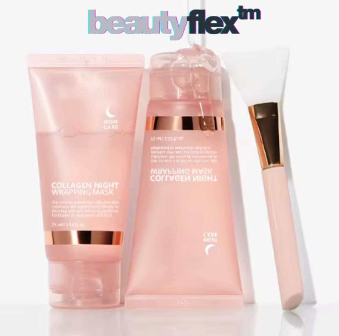 Collagen night wrapping face mask with additional skincare products and application brush on a white background.