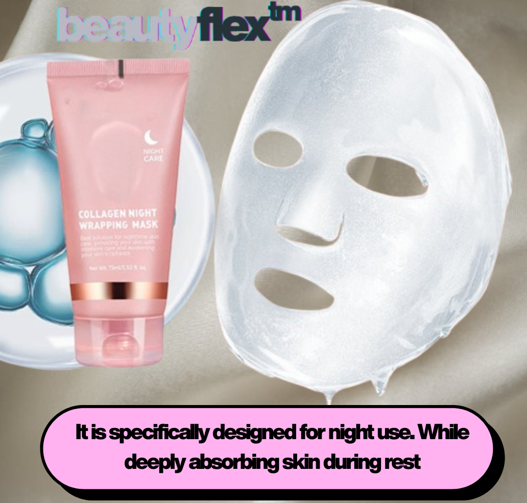 Collagen night wrapping face mask alongside a hydrating mask, designed for overnight skin rejuvenation.